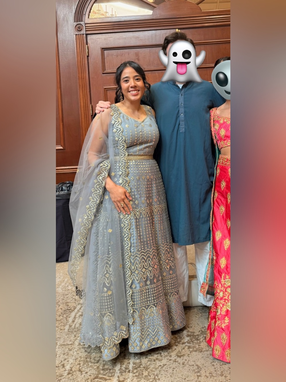 Gray/Light Blue and Gold Lehenga (skirt, top, and scarf)